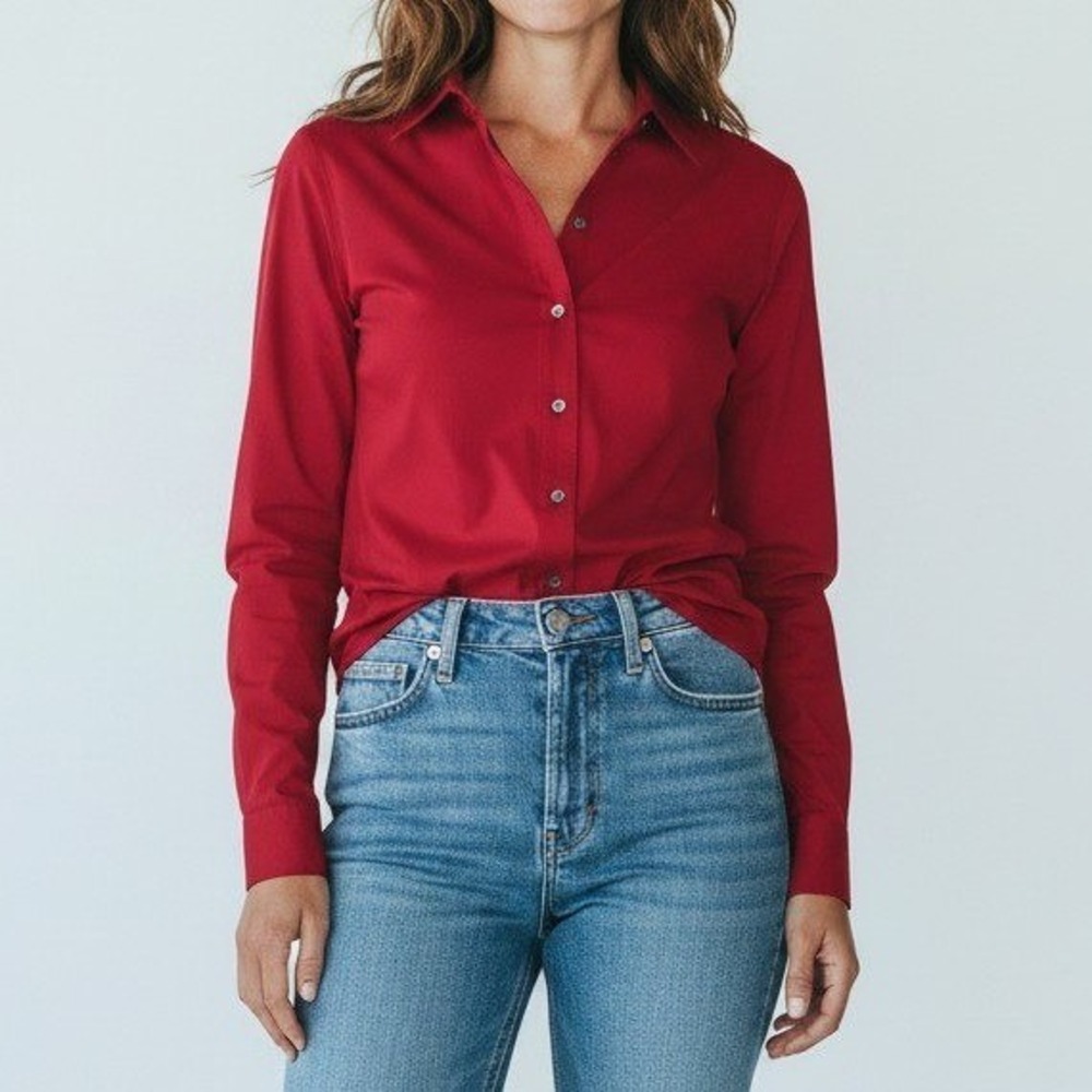 Theory Red Button Up Shirt Long Sleeve Stretch Curved Hem Cotton Stretch Women M